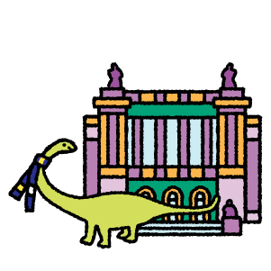 Green dinosaur wearing a scarf in front of a colorful museum