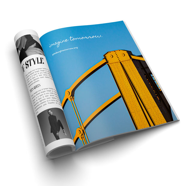 Magazine Mock-up of a blue sky and yellow bridge with the words "Imagine Tomorrow" in the negative space.