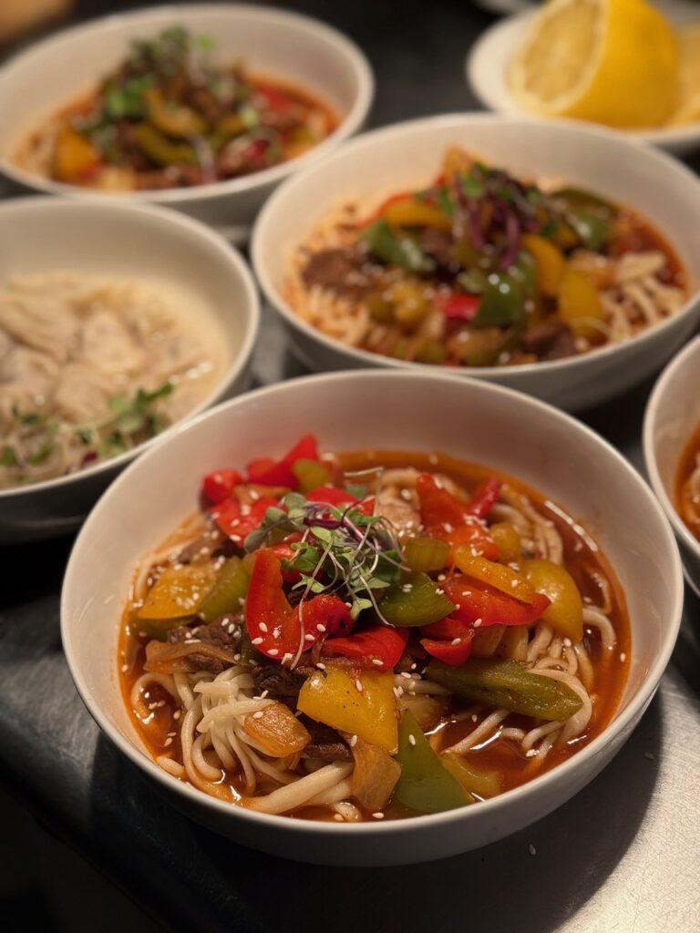 Close up of a couple bowls of food, the one is focus is a pepper dish with thick noodles and a deeply colored broth.