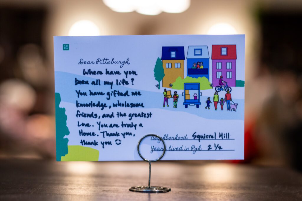 A colorful note card with a love letter to Pittsburgh