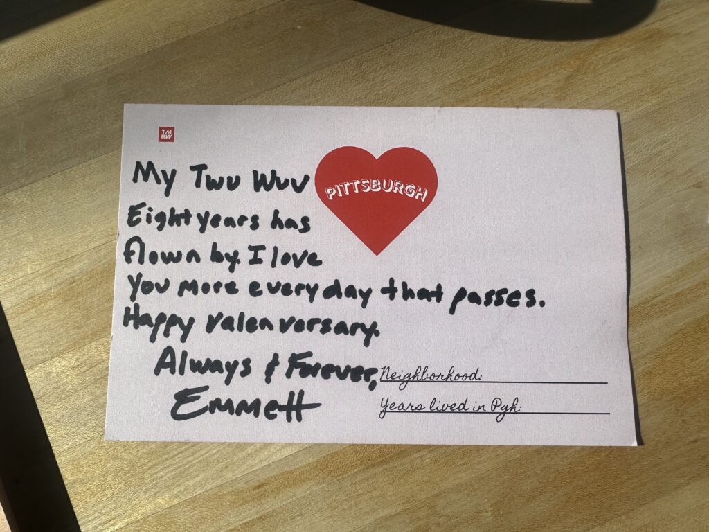 A post card about the writer's love for Pittsburgh