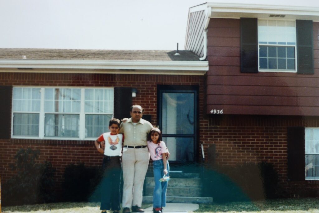 Image of Vijal Patel, with his dad and sister in front of their home in Monroeville.