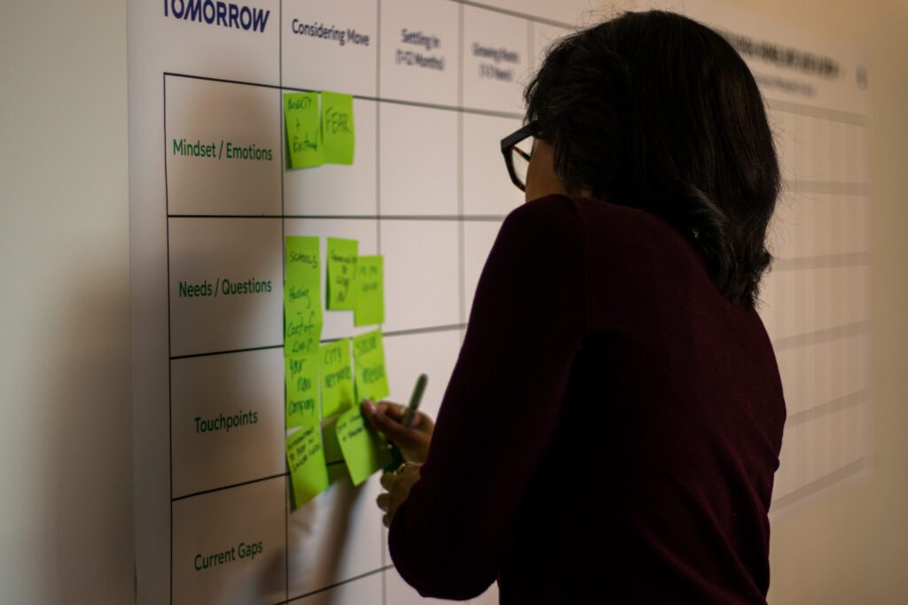 A woman brainstroms on post it notes