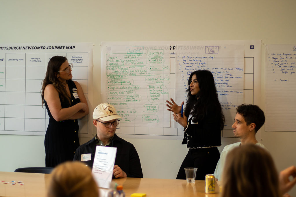 Two women lead a group discussion