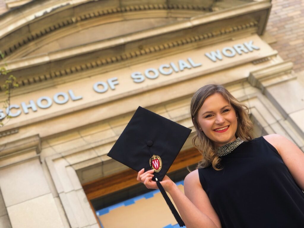 Haley with a cap after graduating from Wisconsin School of Social Work