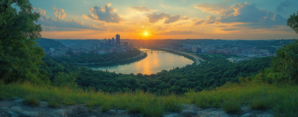 Sunset with river in Pittsburgh.