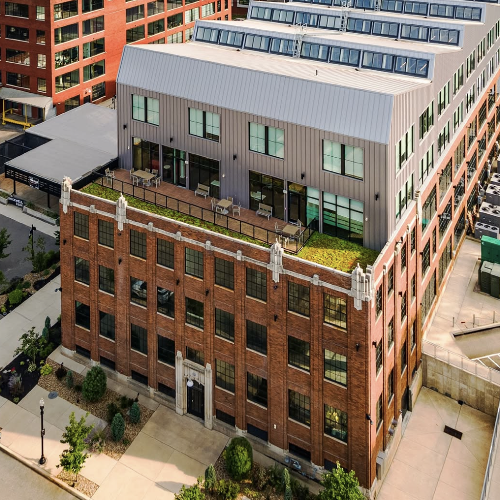 An exterior shot of Rockwell Park, an industrial office building