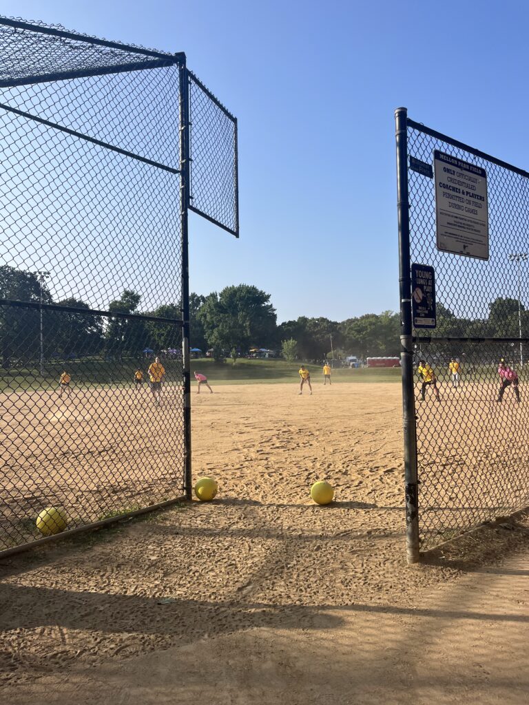 Mellon Park field, where two kickball teams are facing off at the kickball for a cause.