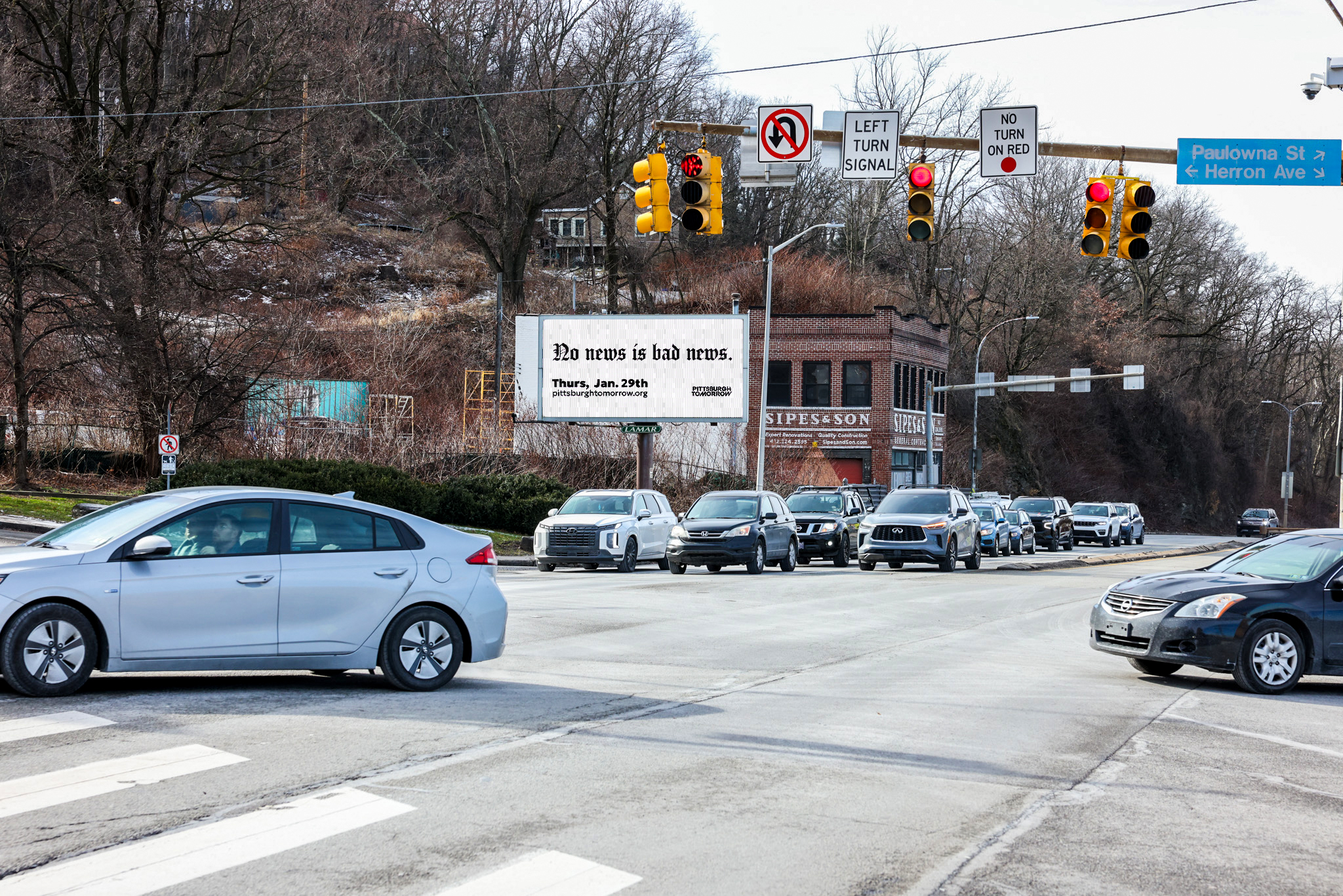 A billboard proclaims "no news is bad news"